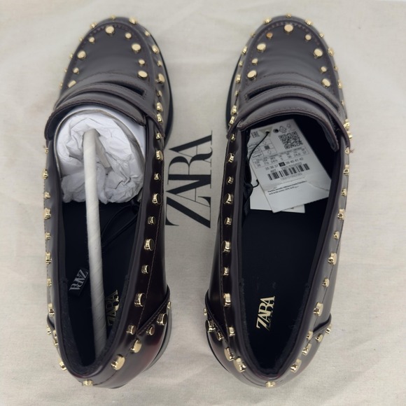 Zara Studded Penny Loafer Shoes Womens Size 7.5 Brown Gold Slip On Flats - Picture 8 of 10